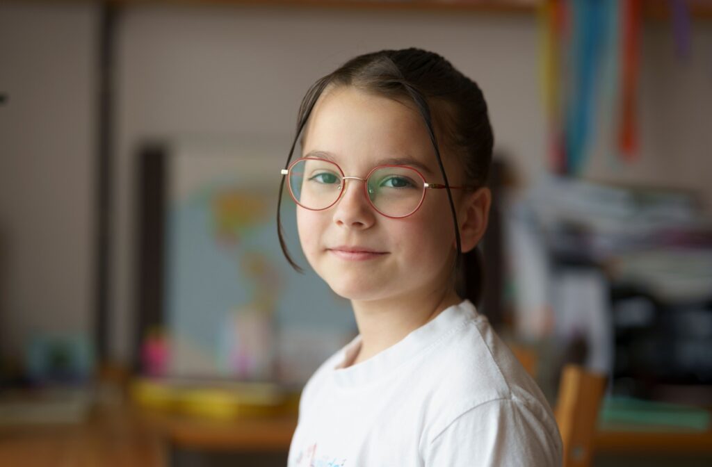 Smiling child wearing red-framed bifocal glasses in a classroom setting.