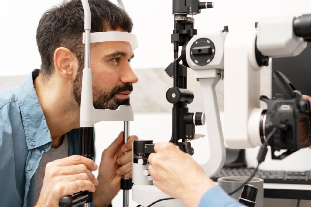 A eye care patient having their eyes examined for vision and health related issues.