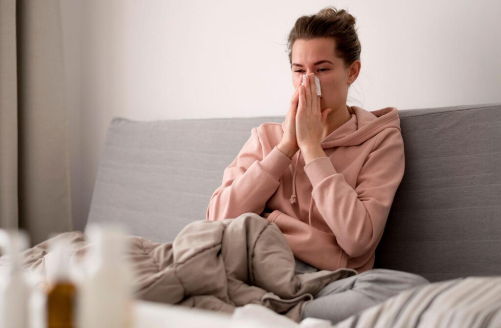 A person laying in bed, blowing their nose because they have the common cold.