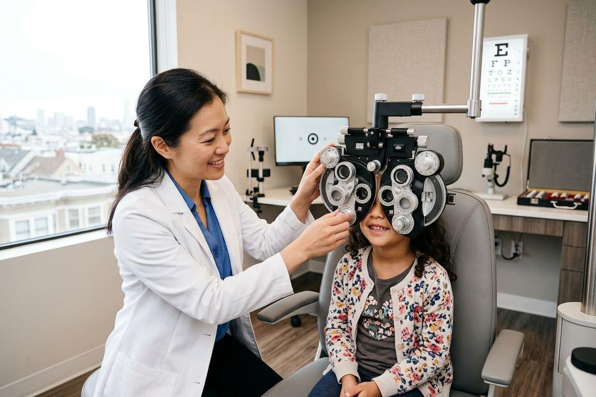 A smiling optometrist adjusts a phoropter in front of a smiling child's face in an eye exam room.