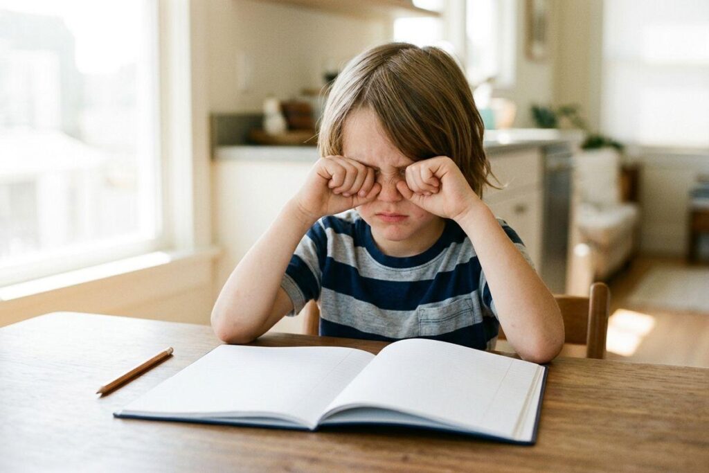 A tired child sits at a table indoors, rubbing both eyes with their fists in front of an open blank notebook and a pencil.