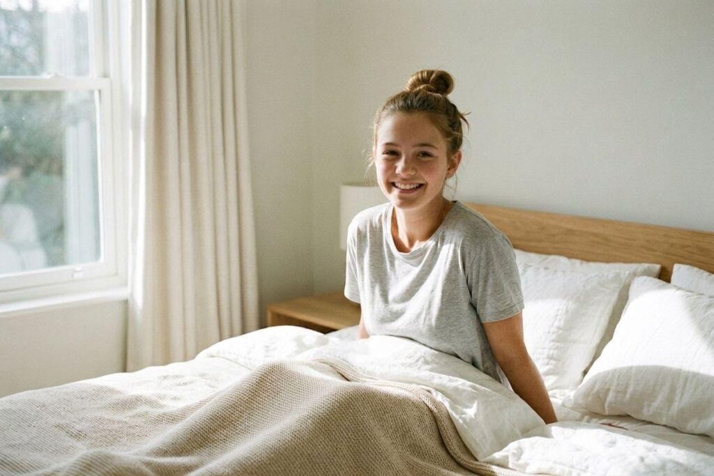 A smiling person in a gray t-shirt sits up in a sunlit bed next to a window, partially covered by a beige blanket and white sheets.