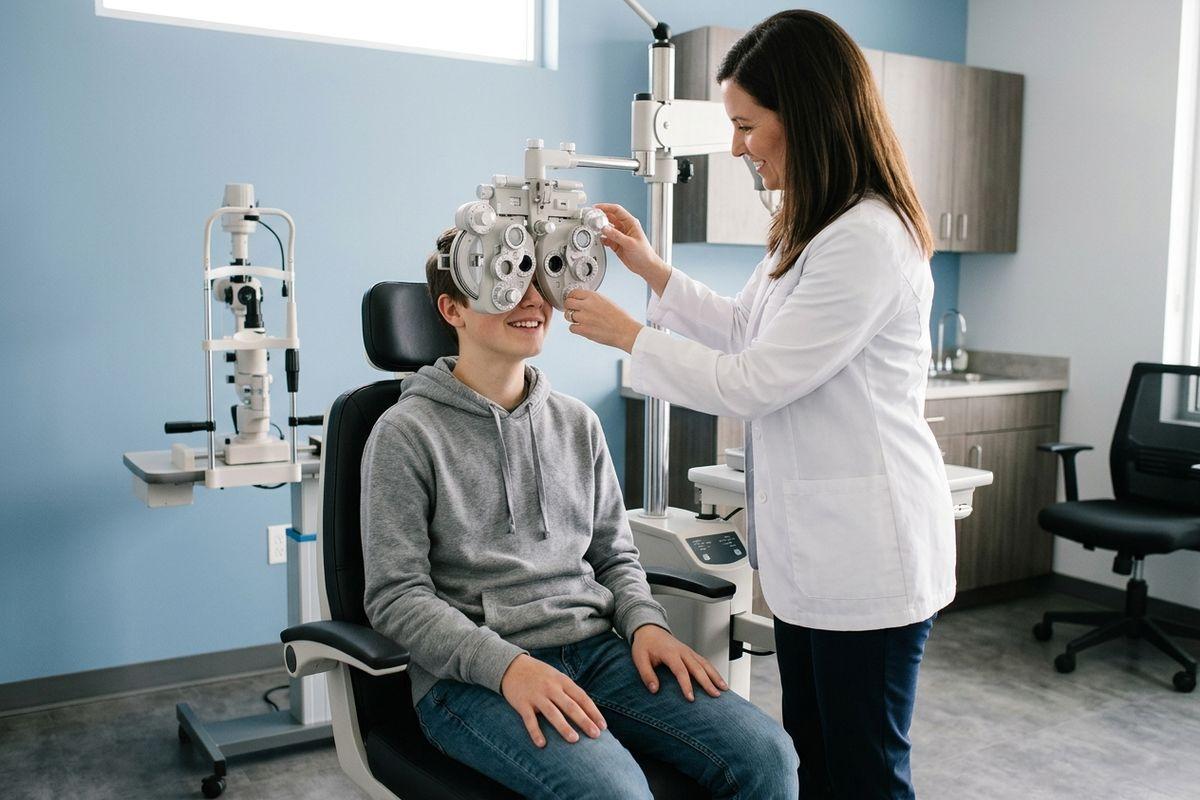 Smiling optometrist adjusts a phoropter for a seated, smiling person during an eye exam in a clinic.