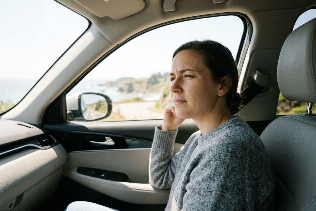 A focused adult sits in the passenger seat of a car, gazing out the window at a coastal road.