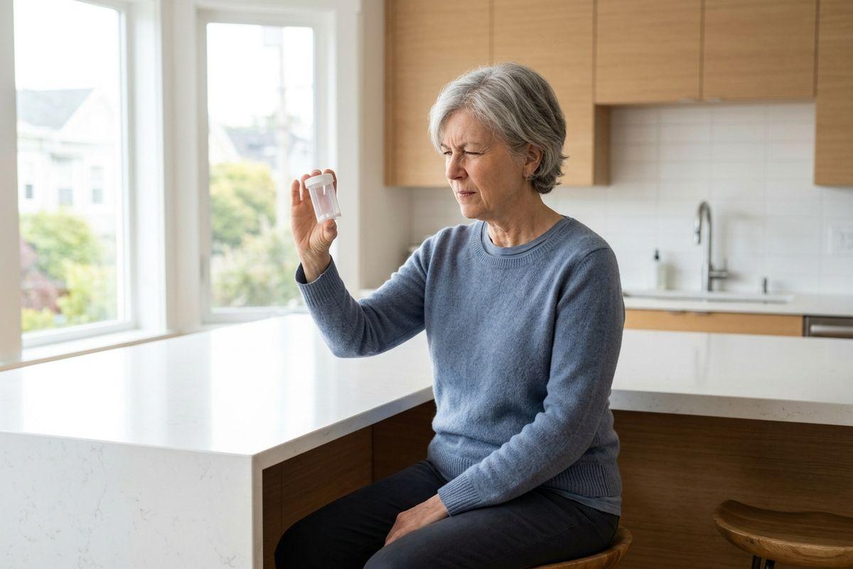 Older adult sitting at a kitchen counter, squinting closely at a small pill bottle held up in their hand.