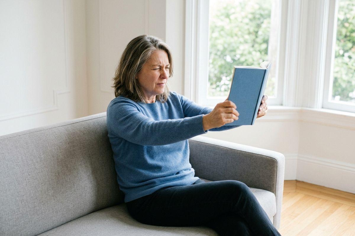 An adult sits on a gray sofa, squinting while holding a blue book at arm's length to read.