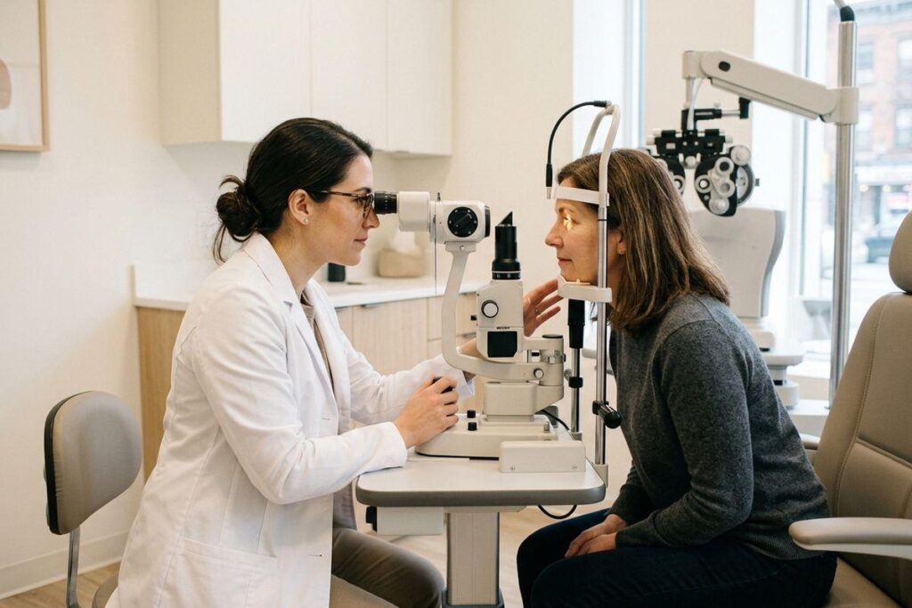 Focused optometrist examines a seated adult patient's eye using a slit lamp in a clinic. The patient rests their chin on the device.
